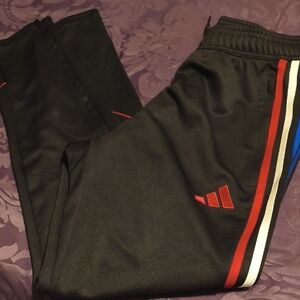 Adidas Kids Black Joggers with Red and Blue Stripes